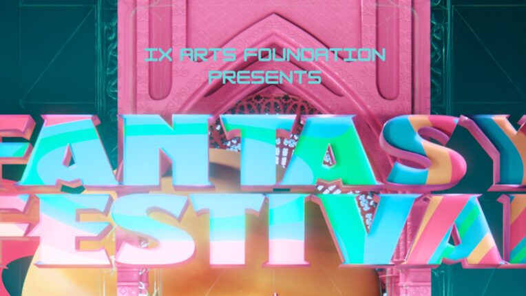 A colorful graphic that has the phrase "Fantasy Festival" in bold 3D letters, and has a neon rainbow-like pattern across the words.