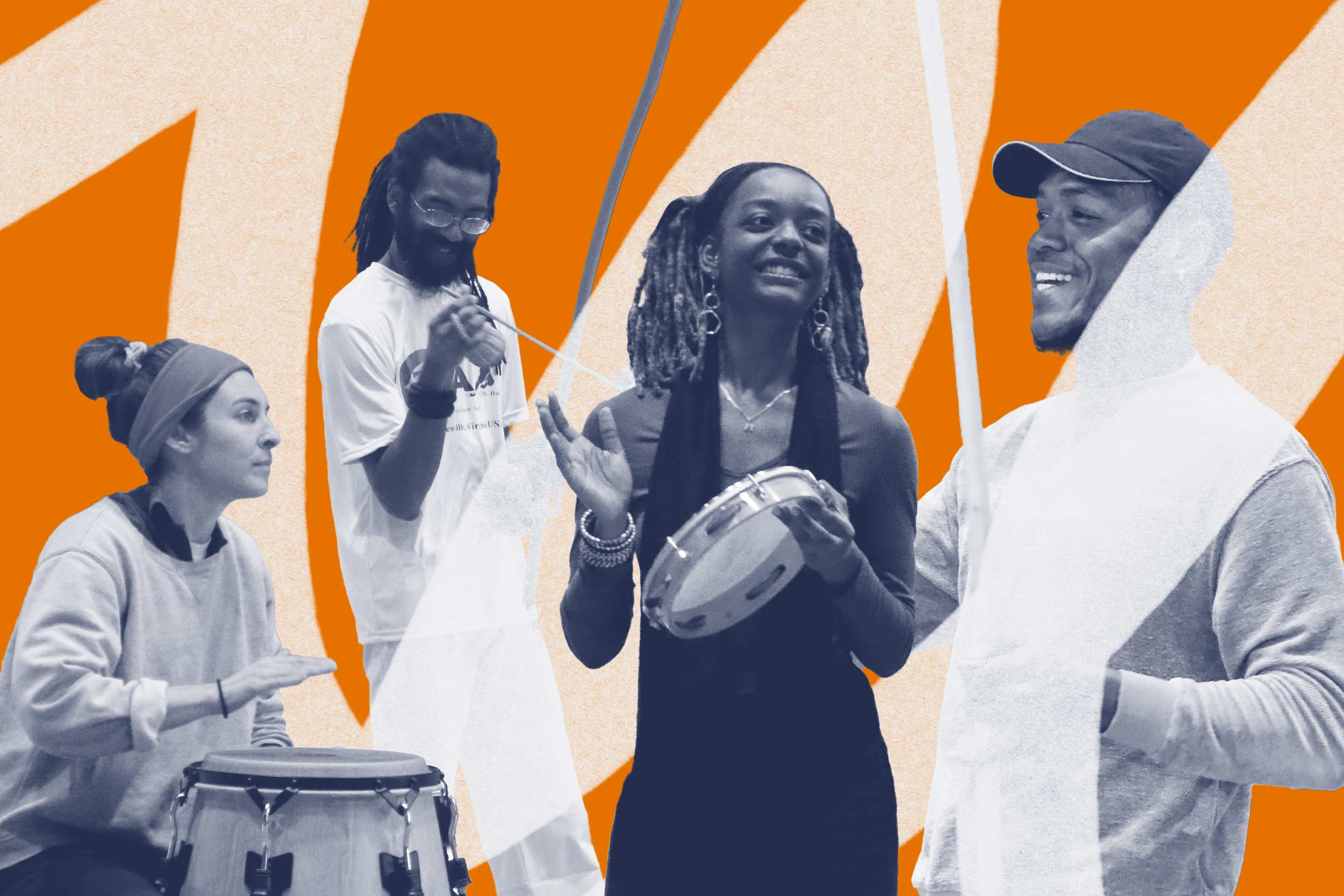 An orange background with 4 individuals playing various instruments and smiling. There is a black and white filter over the 4 people, so the orange background pops.