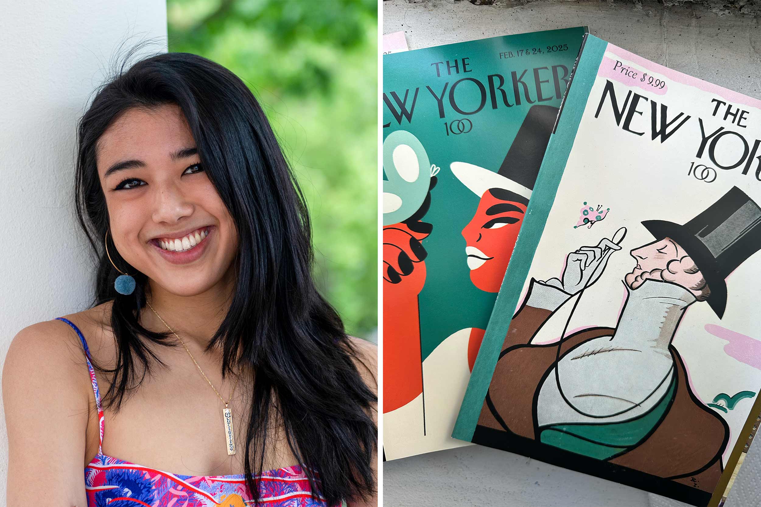Half the screen is an image of a young woman with long dark brown hair smiling at the camera, close up. The right side shows two magazine covers from The New Yorker, one white and one blue. 