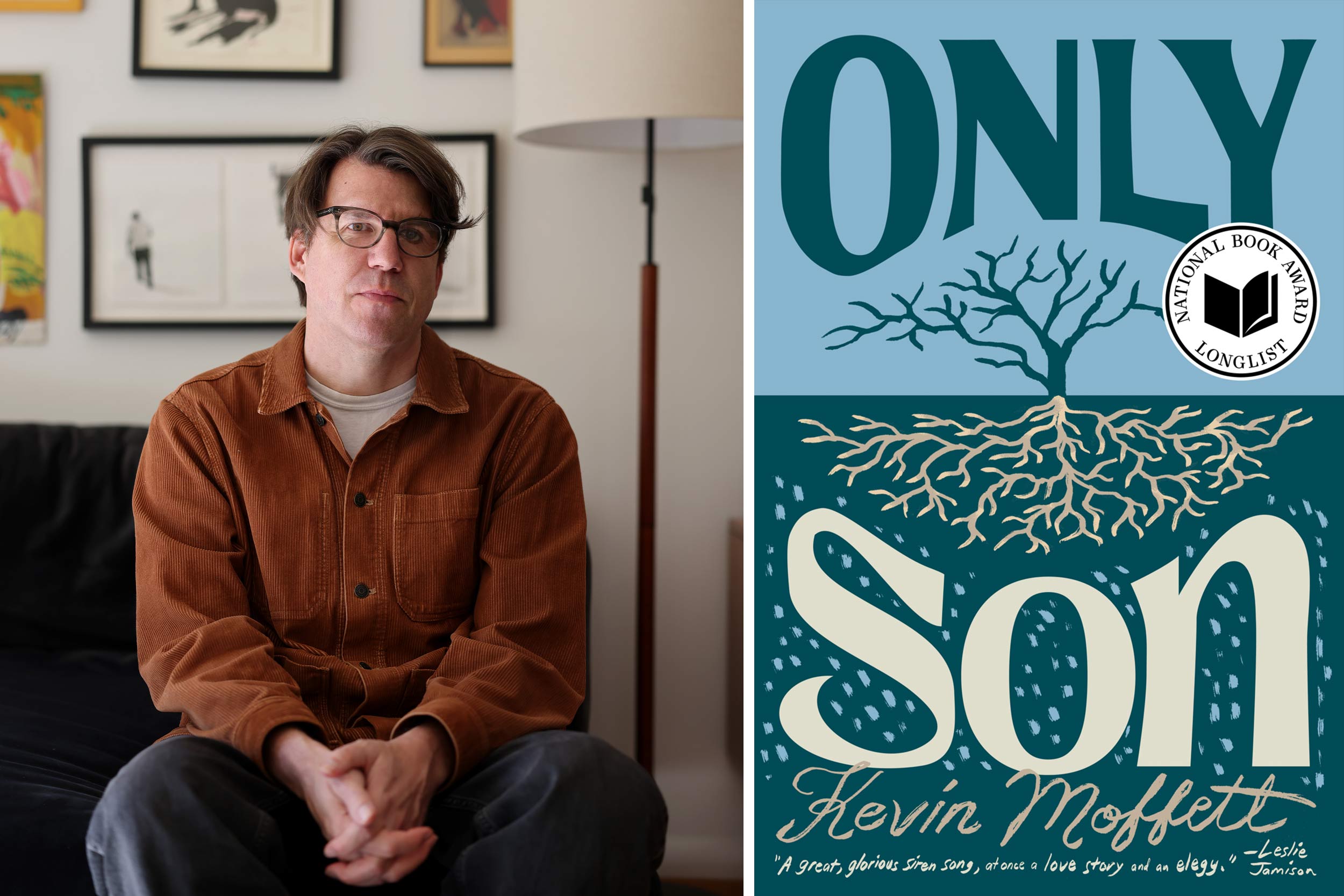 A middle aged man sits on a couch and looks at the camera in a serious way, and the cover of his book is shown next to him. It is blue and has the title, "Only Son" in a large font.
