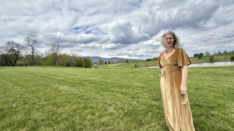 A woman in a gold dress stands to the right of frame, wind blowing in her hair, standing in a huge field with clouds in the sky.