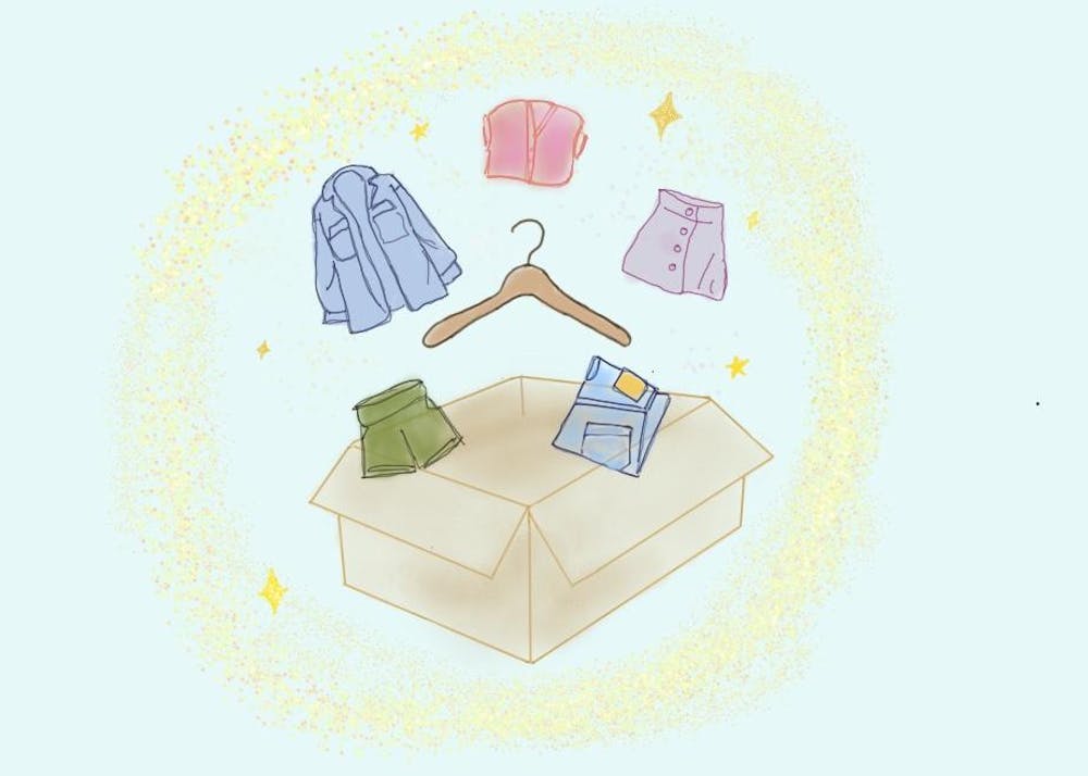 Light blue background with a sketch of a cardboard box with various items of clothing floating around it, as well as a clothing hanger in the center.