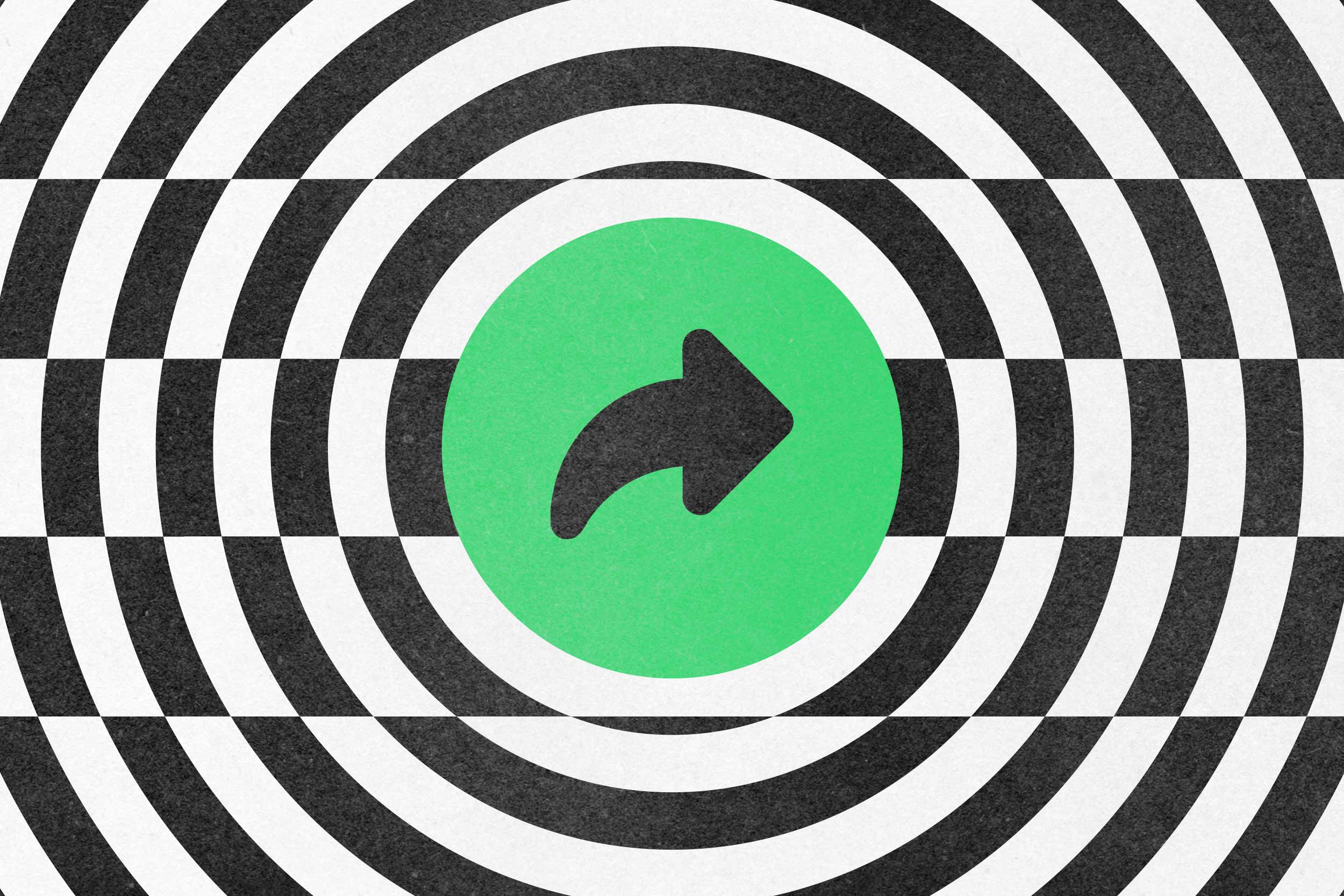 A black and white background of rings of circles, creating a visual hypnotic effect. In the center is a green circle with a black arrow pointing to the right.