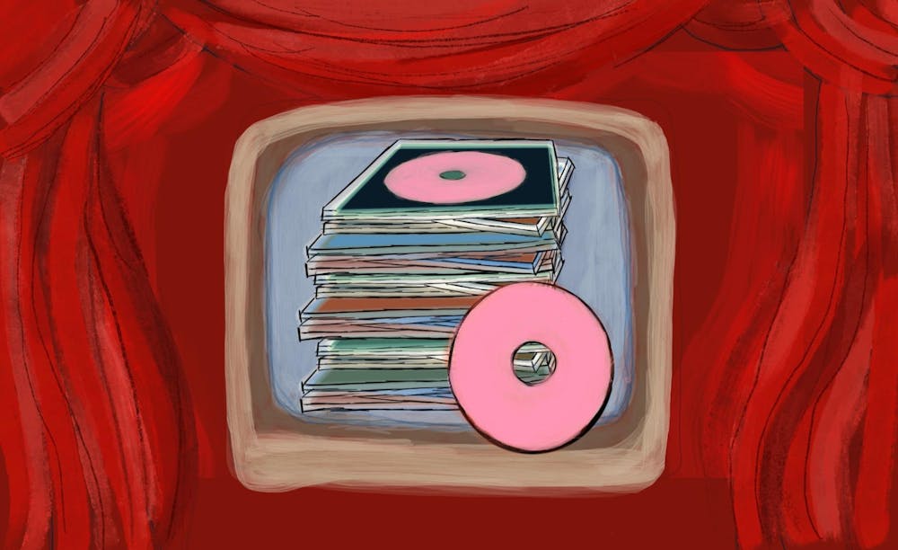 A drawing of an old box TV with an image of a stack of various CDs on the center of the screen, with a background of a red curtain behind the TV.