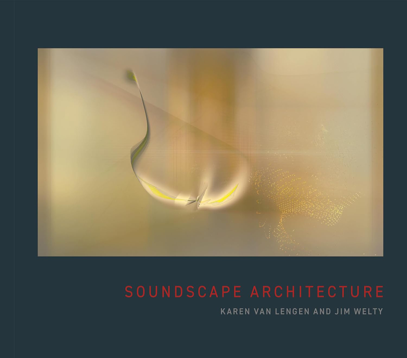 The cover of a book with a navy blue background and an image of light-bending shape against a cream colored wall. The title below the picture states "Soundscape Architecture."