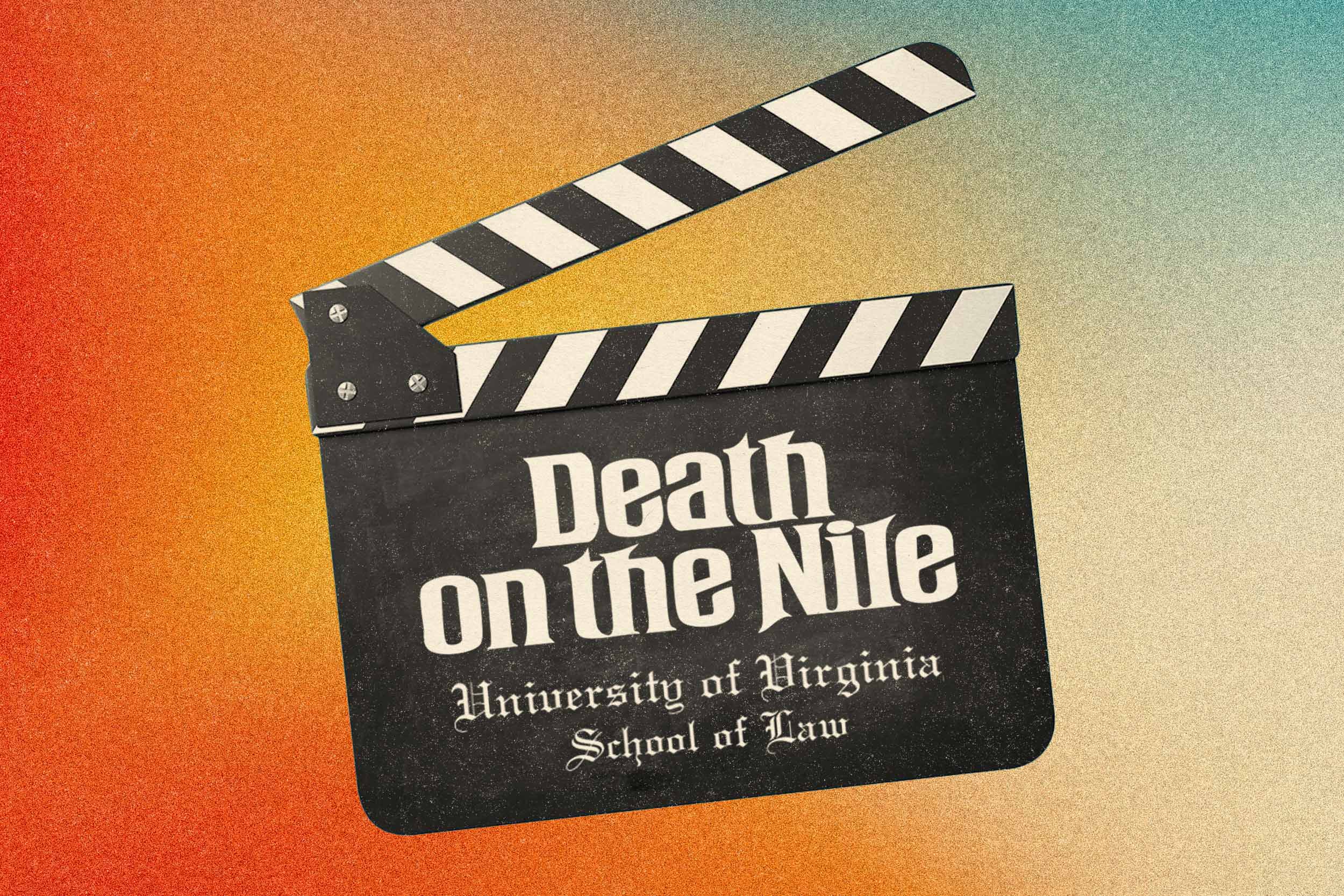A rainbow ambient background with a film clapper for "Death on the Nile" titled on the front.