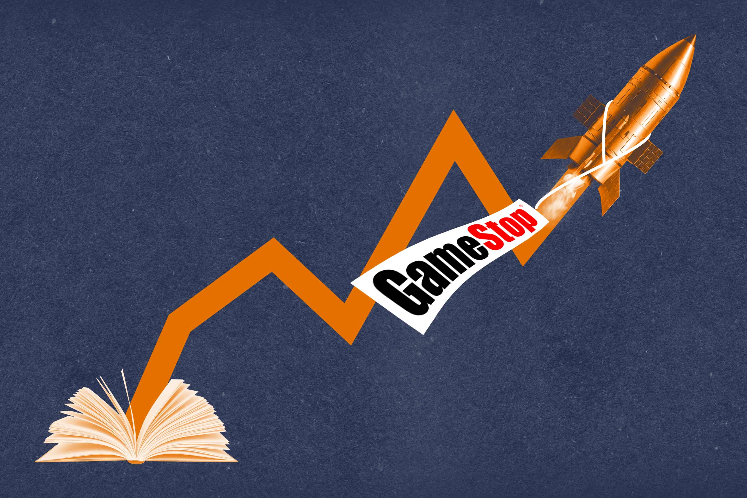 A navy blue background with a clipart image of an open book with a golden rocket shooting out of it. On the rocket is a banner with the GameStop logo.
