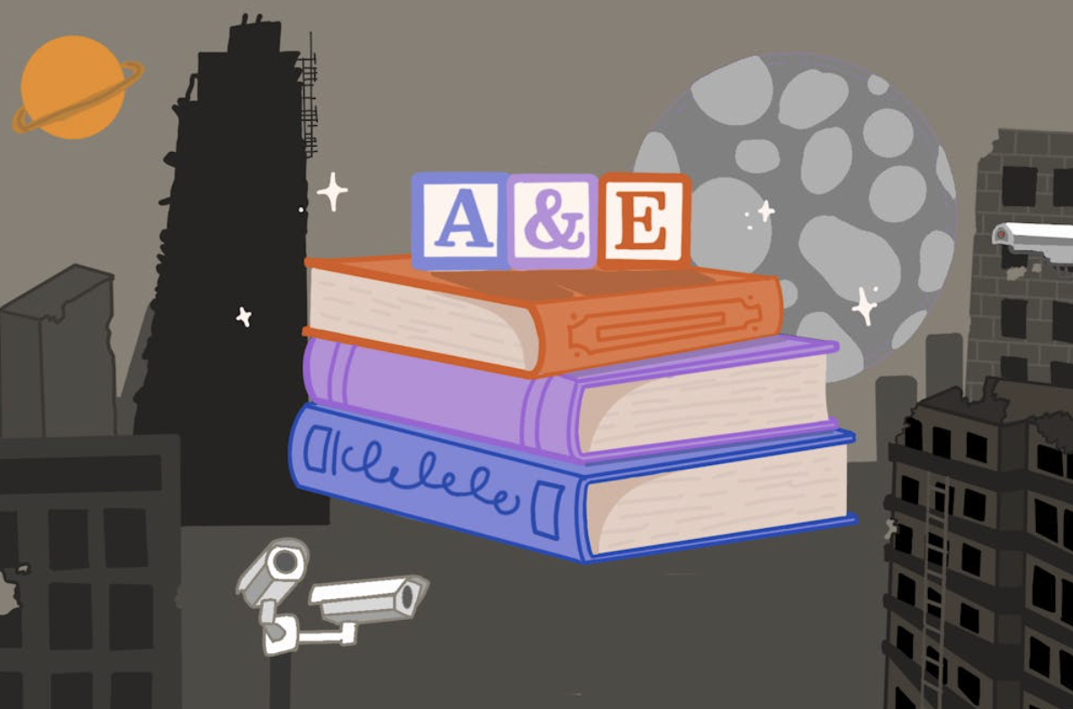 Graphic of three books stacked up with play blocks with the phrase "A&E" placed on top of the books. The background is a gray graphic of a cityscape.