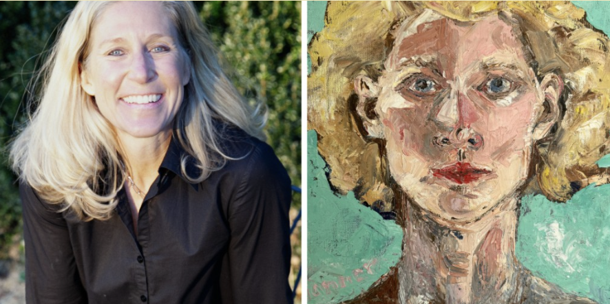 A photo of a blonde smiling middle-aged woman on the left, and a painted portrait of a blonde woman with a serious expression on the right.