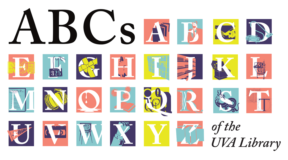 Large black letters in the top left corner say "ABCs" and the rest of the page is filled with the alphabet with colorful backgrounds. The bottom right says "of the UVA Library."