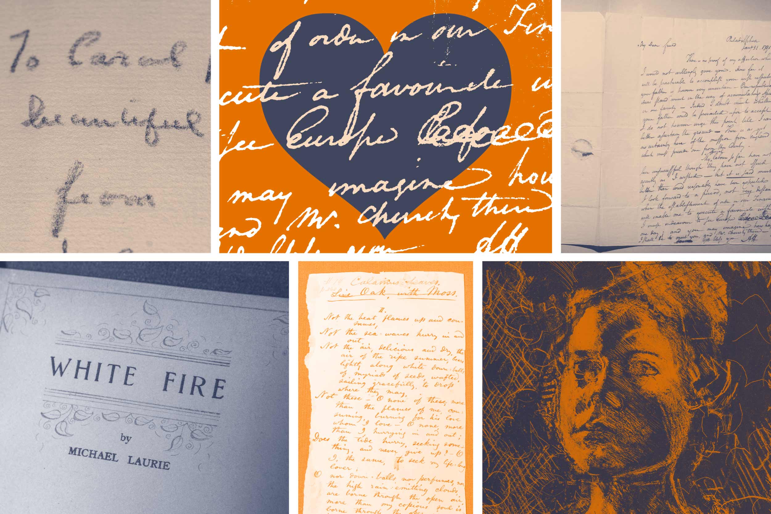 A grid of 6 images, most close up scans of cursive-written love letters, one a photo of a book page with the title "White Fire," and one a sketch of a woman's face. All images have a orange and blue filter over them.