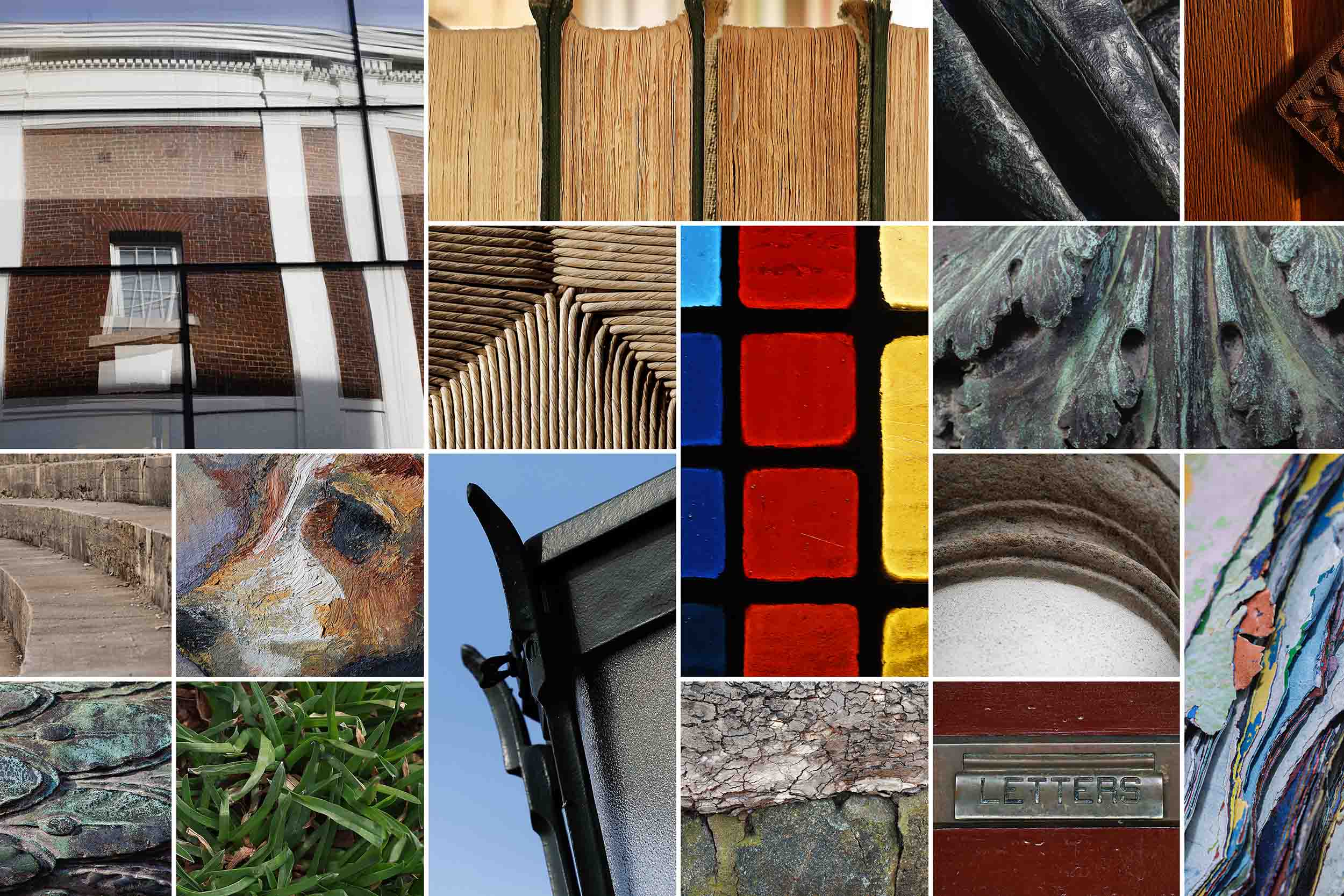 A grid of close-up images of various textures around UVA. Some have bold colors, some have paper or brick or cement textures. 