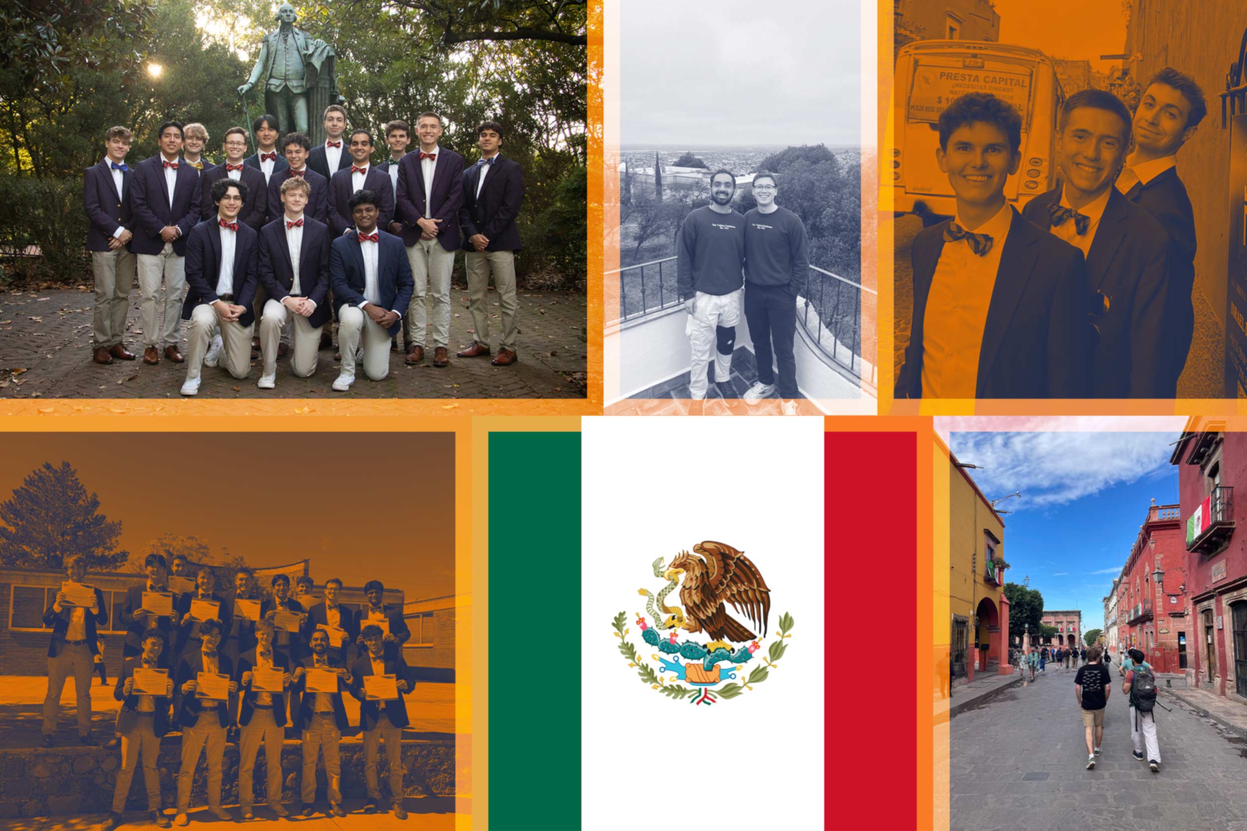 A grid of 5 group photos of the men's acapella group traveling around Mexico, posing in group pictures together, and walking in the streets. The 6th photo is an image of flag of Mexico.