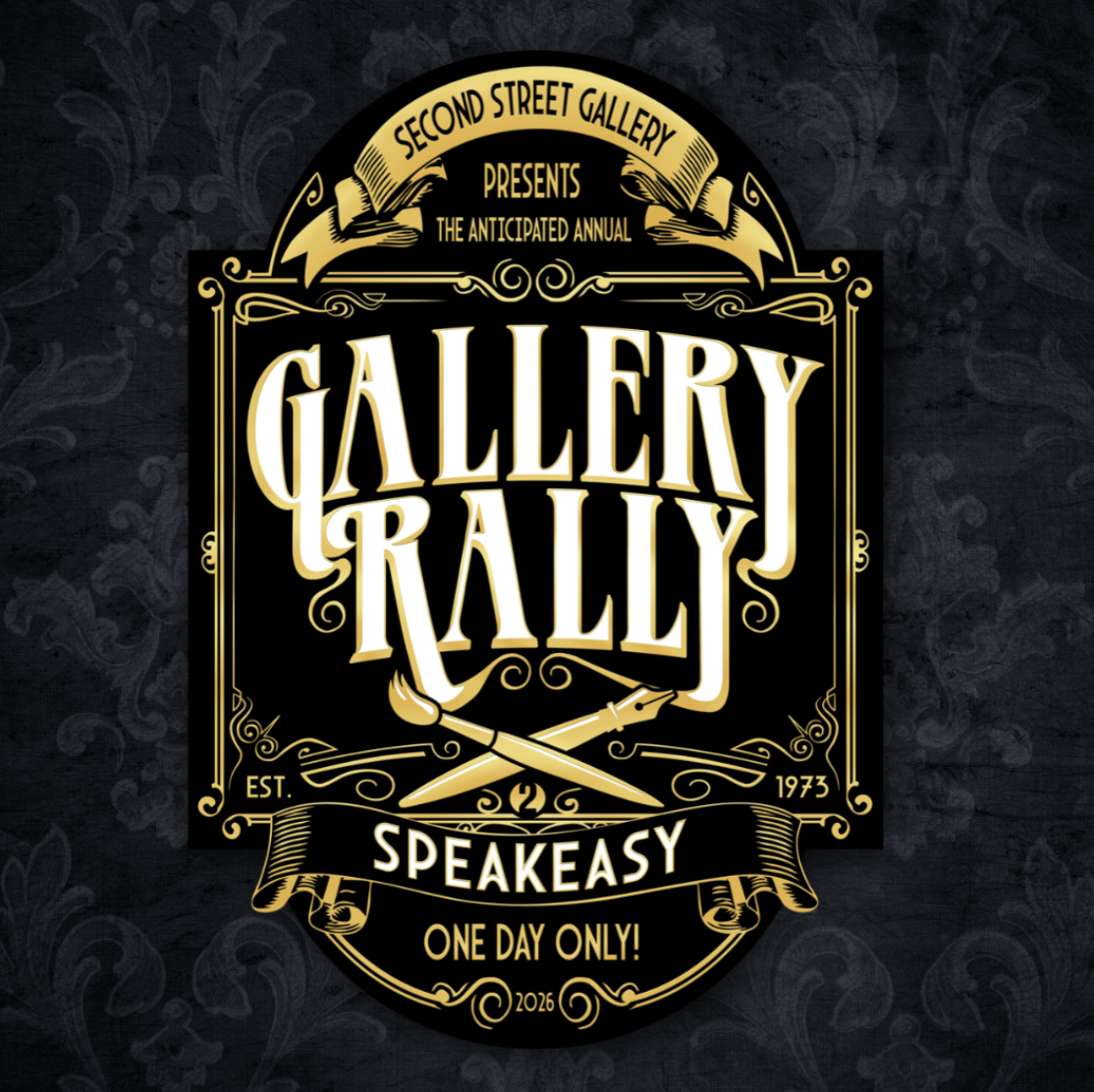 A dark floral wallpaper design as the background, and an ornately framed text that states, "Second Street Gallery Presents the Anticipated Gallery Rally Speakeasy." It is supposed to resemble a framed piece of art hung on a wall.