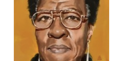 A mustard orange background with a painting of an older Black woman with a short haircut wearing glasses and long earrings. She is looking straight forward.