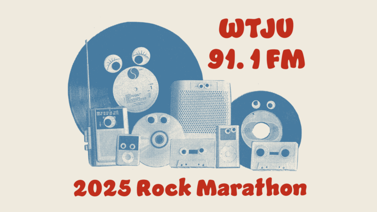 WTJU 91.1 FM 2025 Rock Marathon with Albums, CDS and other media players with googly eyes