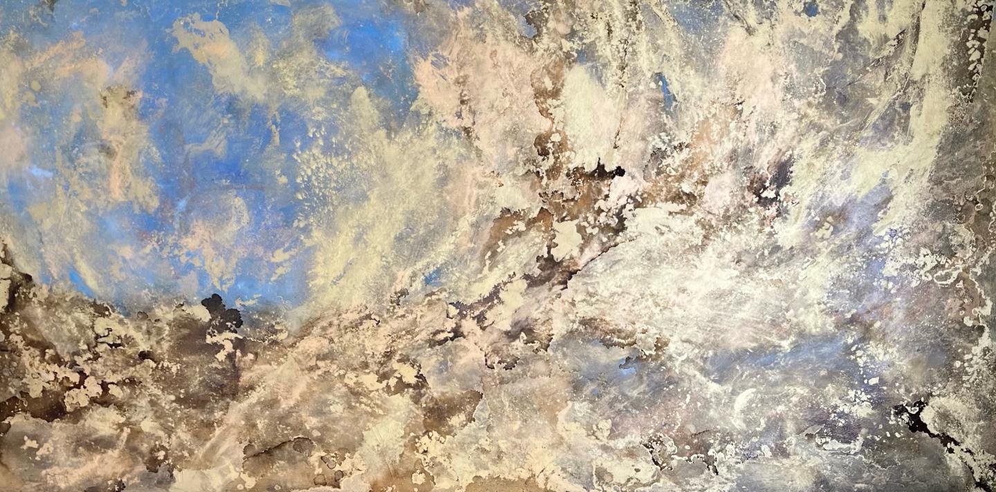 Michelle Gagliano, Tipping Point, 2024. Handmade oil, Albemarle clay pigment, Albemarle grapevine charcoal pigment, natural gold pigment, sustainable materials on wood panel, 36 x 72”