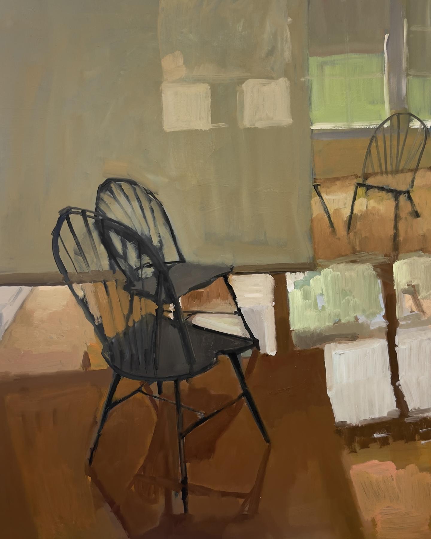 A painting of chairs in a room with neutral colors by Tori Cherry
