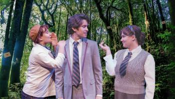 Orlando (center, Julian Rivera Santiago) is head-over-heels for his newfound love, Rosalind (right, Maya Andersen). After Orlando escapes to Arden, Ganymede (left, Maya Andersen) vows to cure his lovesickness, as Orlando and his fellow exiles learn to live and love freely in their new home in the forest. UVA Drama presents As You Like It, music and lyrics by Shaina Taub, directed by Jessica Harris, opening March 27, 2025 in the Culbreth Theatre. Photos by Kori Price