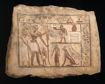 Image Captions Stele of the Nubian soldier Nenu, Egyptian, First Intermediate Period, dynasty 9–10, about 2100–2040 B.C. Painted limestone, Overall: 17 11/16 x 14 5/8 x 2 5/8 in., 31 lb. (45 x 37.1 x 6.7 cm, 14.06 kg). Museum of Fine Arts, Boston, Emily Esther Sears Fund. 03.1848. Photography © Museum of Fine Arts, Boston.