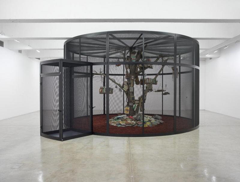 Mark Dion The Library for the Birds of New York 2016 steel, wood, books and birds 138 x 240 inches; 350.5 x 609.6 cm Courtesy of the artist and Tanya Bonakdar Gallery, New York