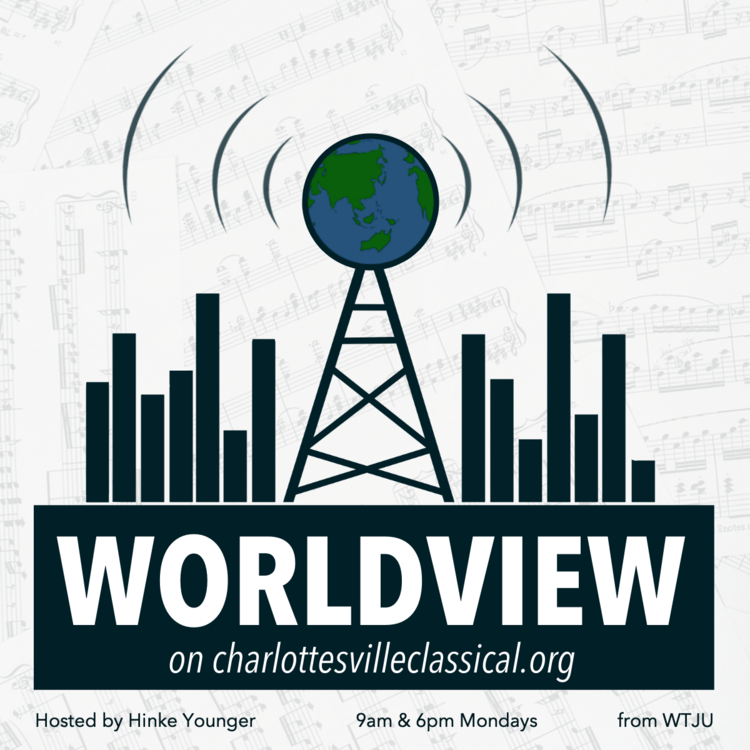 The logo for WorldView, with a globe sitting on top of a radio broadcasting tower, with buildings surrounding it. 