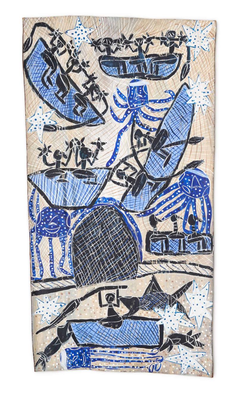 Dhambit Munuŋgurr, Ocean, 2019. Natural pigments and acrylic on eucalyptus bark. 78 11/32 x 42 17/32 in. (199 x 108 cm), Kluge-Ruhe Aboriginal Art Collection of the University of Virginia. The 2017-19 Kluge-Ruhe Madayin Commission. Museum purchase, 2020, 2020.0007.001