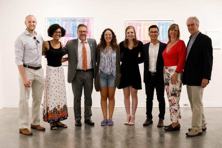(L-R) Nicholas Rupert, Gabby Fuller, Jody Kielbasa (Vice Provost for the Arts), Savannah Hard, Amy Dalrymple, David Shim, Greatchen Tibbits (then Chair of UVA Arts Council), & Tim Michel (UVA Arts Council Member and creator of the UVA Arts Council Distinguished Artist Awards program) | Image by Tom Daly