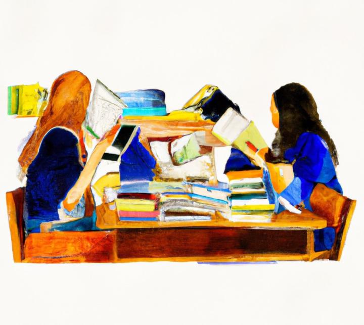 Drawing of two people sitting across a desk from each other with books