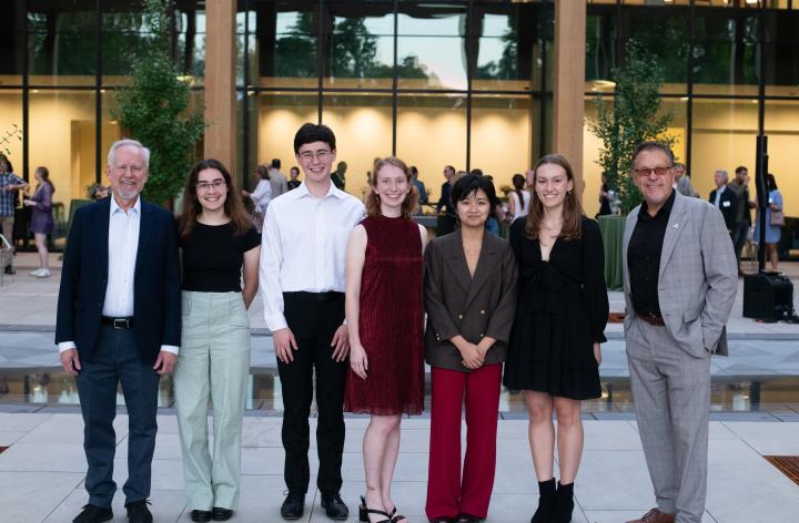 2024 UVA Arts Council Distinguished Artists: Council Chair David Addis, Cassie Dallas, Alex Suh, Katie Haines, Jolinna Li, & Ellie Byrd, Vice Provost for the Arts Jody Kielbasa